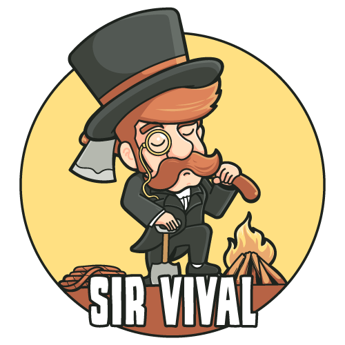 Sir Vival mascotte: een heer met een hoge hoed naast een kampvuur